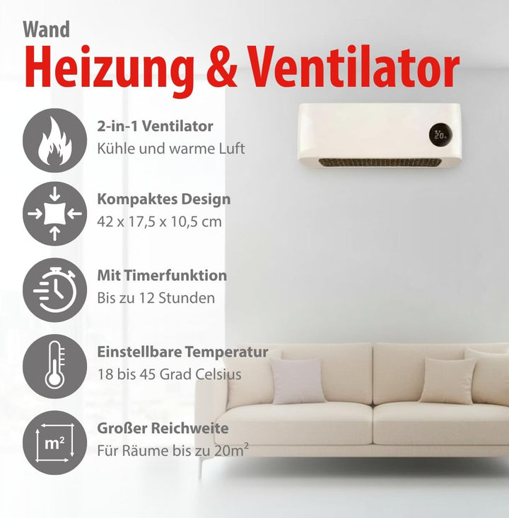 alpina Wand Heizlüfter 2000W – Keramik Heizstrahler mit 2 Leistungsstufen und Timer – Digital Thermo
