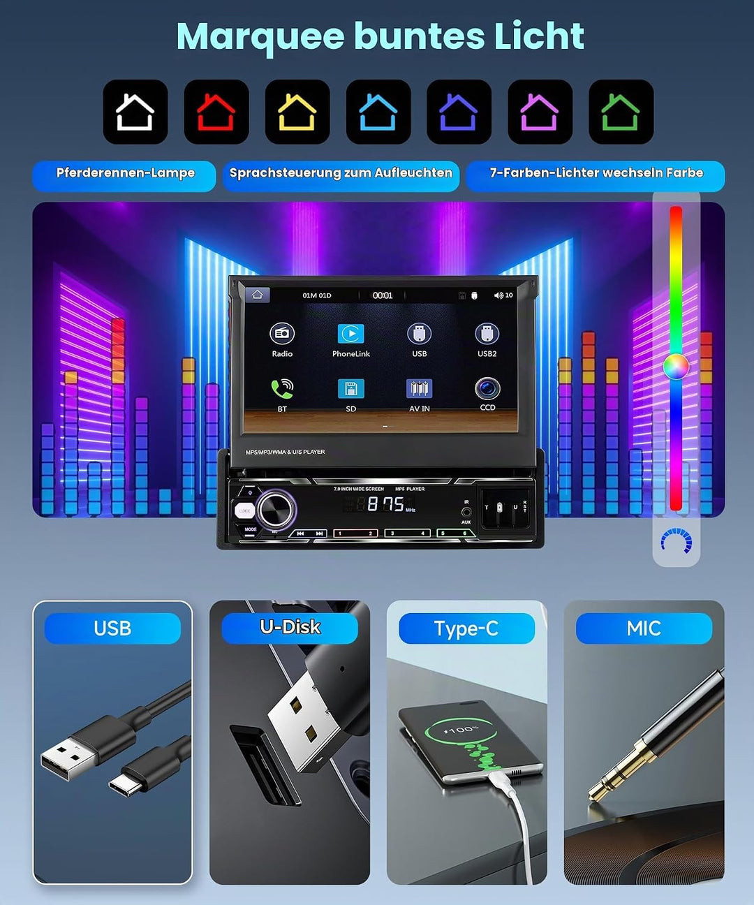 Rimoody Autoradio 1 Din Wireless Carplay Android Auto con 7 Pollici HD Touchscreen Manuell Einziehba