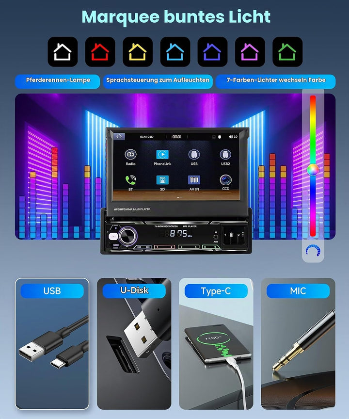 Rimoody Autoradio 1 Din Wireless Carplay Android Auto con 7 Pollici HD Touchscreen Manuell Einziehba