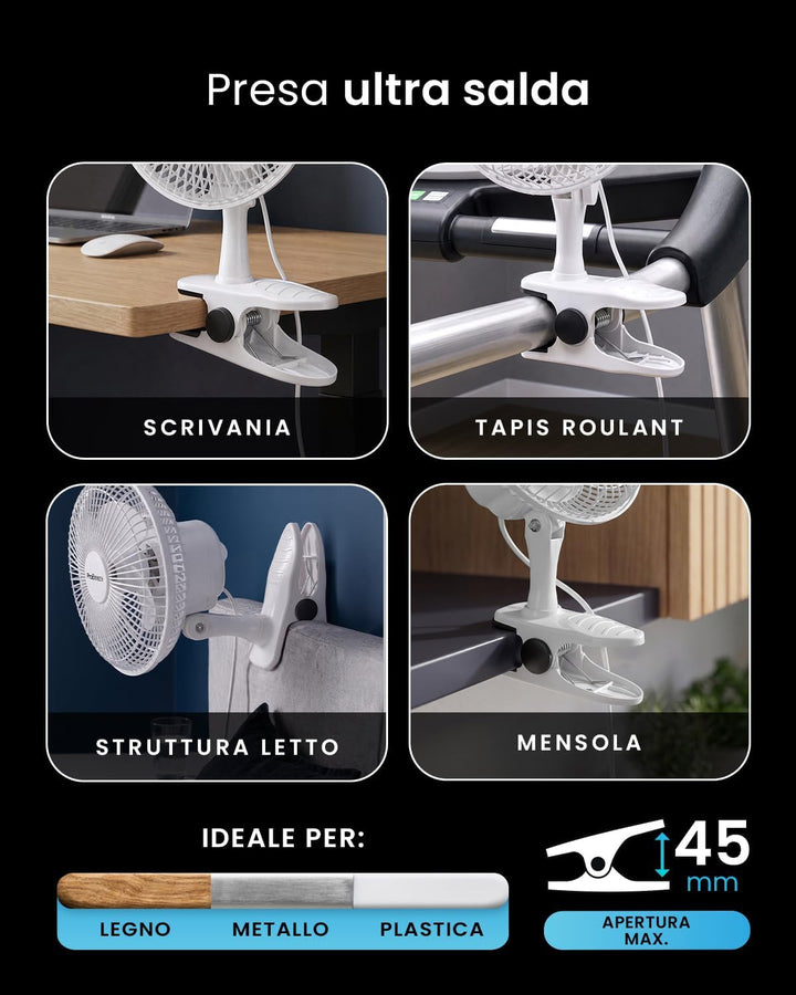 Pro BreezeTM Mini Ventilator mit Clip, sehr leiser Betrieb, 20 cm Durchmesser, 2 Geschwindigkeitsstu