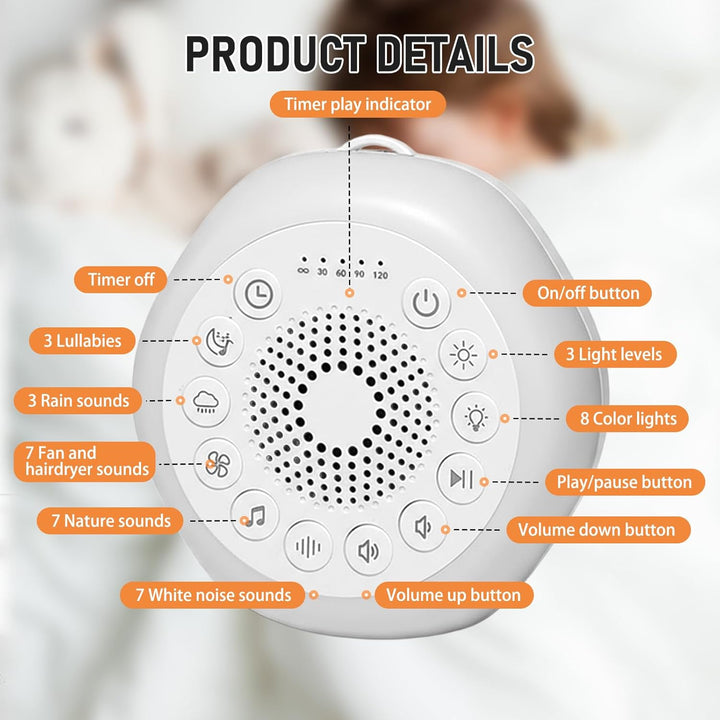 White Noise Machine für Babys, Geräuschmaschine mit 27 Beruhigenden Geräuschen, Nachtlicht und Timer
