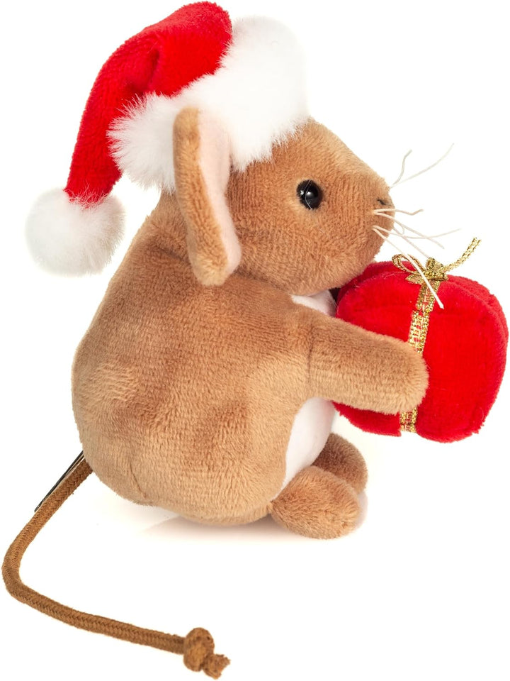 Teddy Hermann 94621 Weihnachtsmaus mit Geschenk 11 cm, Kuscheltier | Besonders flauschiger Premium-P