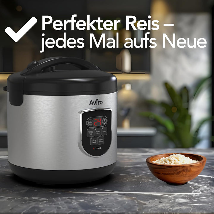 Aviro Reiskocher – Slow Cooker – 1,2 l – 7 Funktionen – Warmhaltefunktion – Reiskocher – Antihaftbes