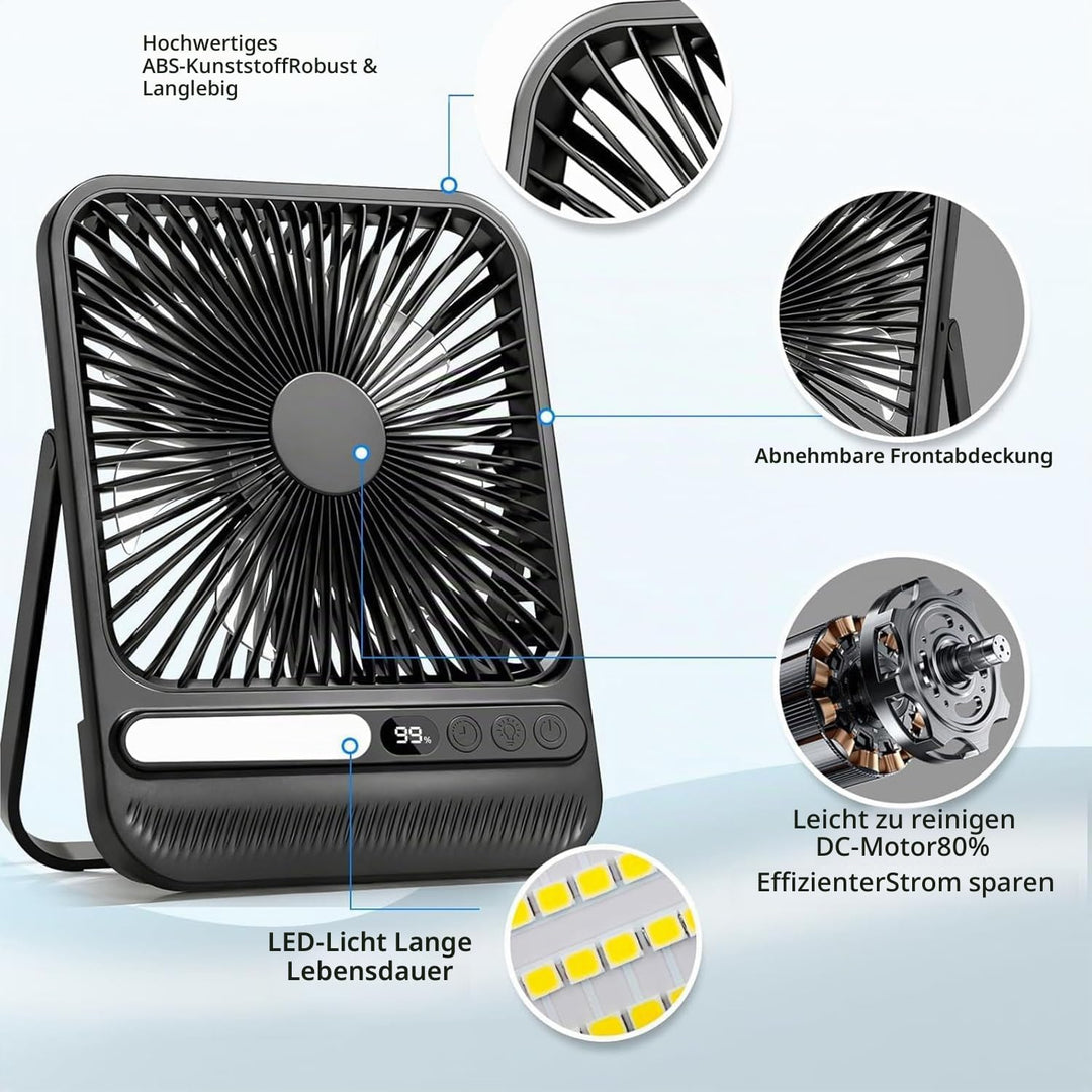 10000mAh Akku Ventilator, Sehr Leiser Tischventilator mit Lampe, 23 cm hoch, bis zu 28 Std. Laufzeit