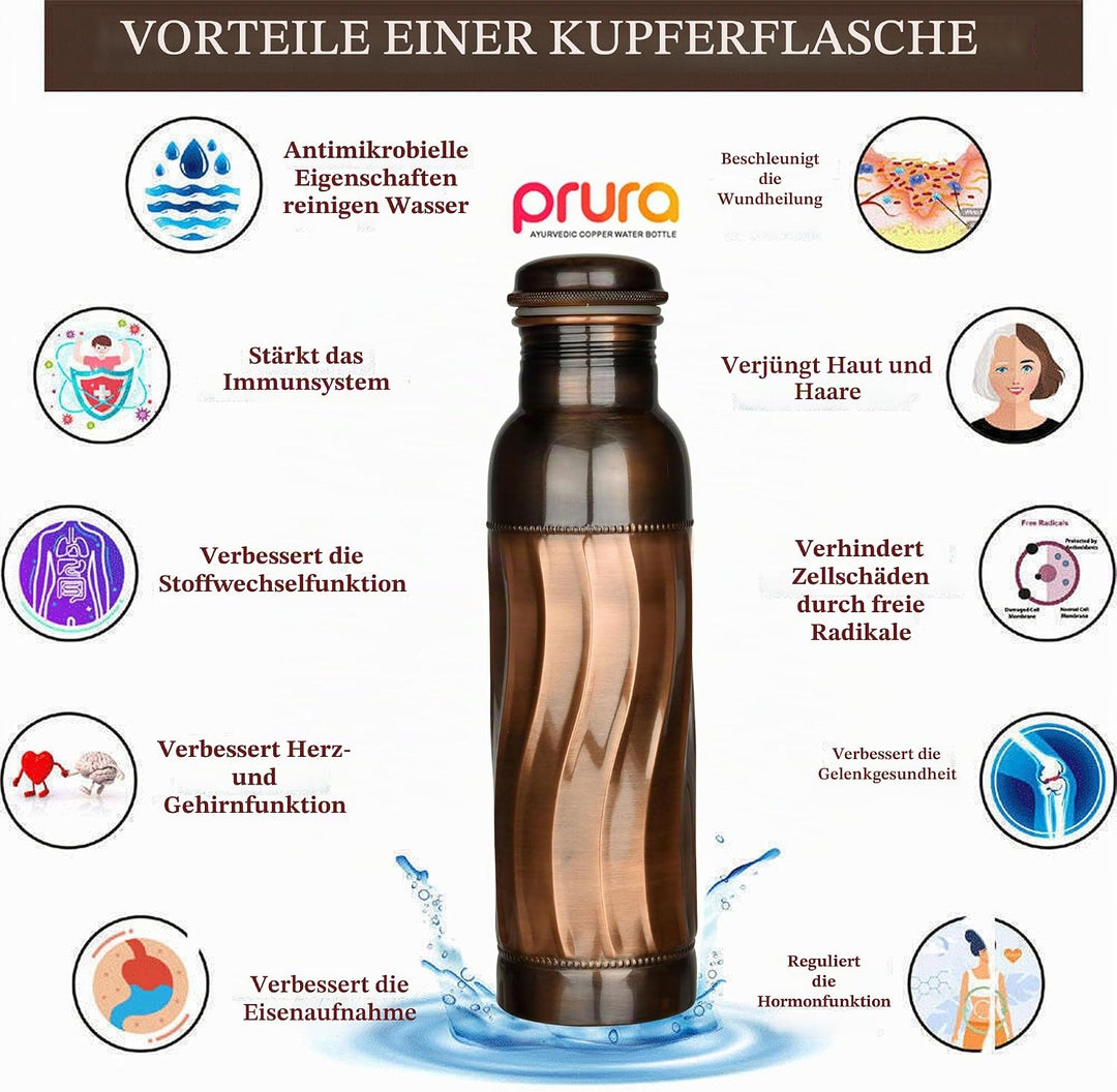 ayurvedische Kupfer-Wasserflasche, auslaufsicheres naturreines Kupfergefäss 900ml/30oz D44 900 ml De