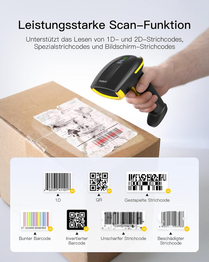 Inateck Barcode Scanner Kabellos 2D mit Display, 1D 2D QR Code Scanner
