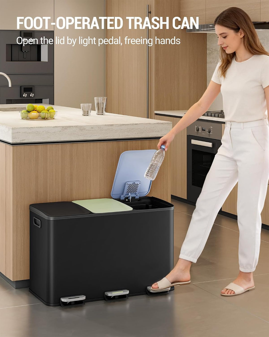 Hzuaneri Mülleimer Küche, 3 x 15 L, Mülltrennsystem 3 Fächer, Mülleimer mit Farbigem Soft-Close-Deck