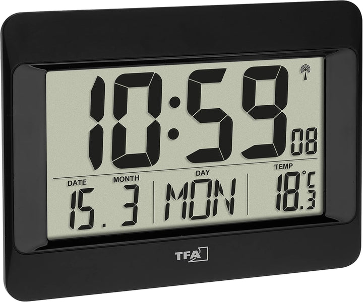 TFA Dostmann Wanduhr digital mit Funkuhr, modern, 60.4519.01 Schwarz, Schwarz