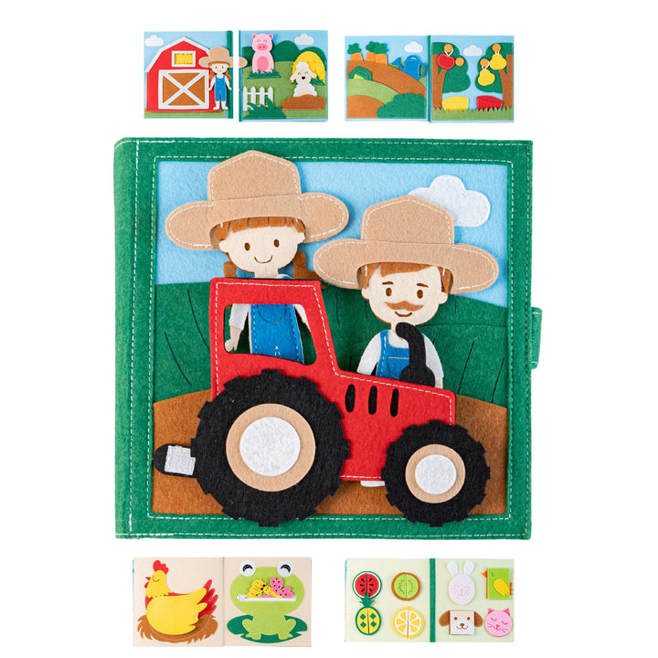 Quiet Book Bauernhof (2 Figuren) – Handgefertigtes Filz-Aktivitätsbuch mit Tier-Fingerpuppen &amp; Trakt