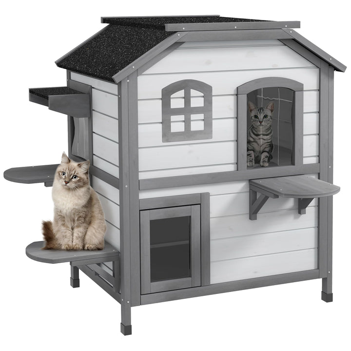PawHut Katzenhaus aus Holz 2-Etagen Winterfest wasserdicht Katzenhütte mit Asphaltdach klappbarem De