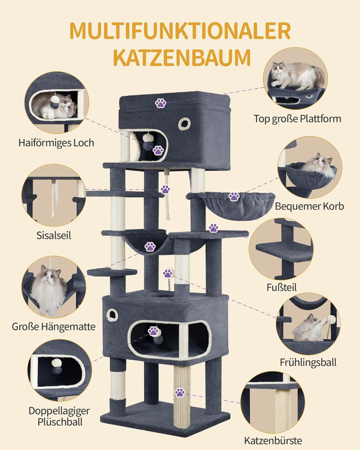 Hzuaneri Kratzbaum, 178 cm Katzenbaum mit grosser Plattform, 2 Höhlen, 7 Kratzsäulen, Pompons, Liege