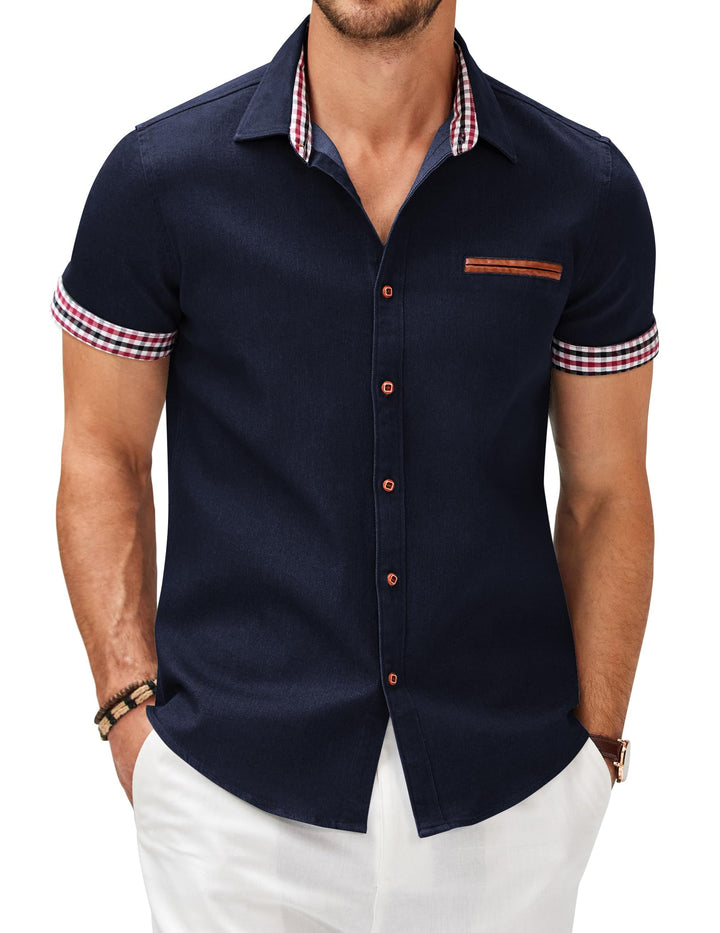COOFANDY Jeanshemd Kurzarm Herren Hemd Cowboy-Style Knöpfen T Shirt Freizeit Kurzarm Denim Kariert K