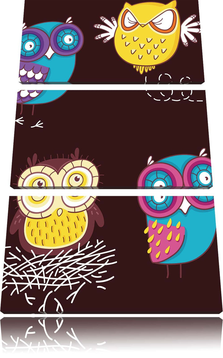 Pixxprint Verrückte Eulen für Kinder als Leinwandbild/Grösse: 3 Teilig (120x80) cm/Wandbild/Kunstdru
