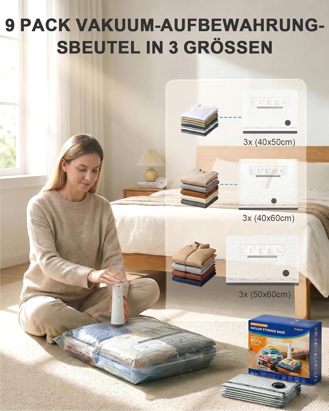 Anpro Vakuumbeutel für kleidung mit Kabellose Vakuumpumpe, 9 Stück Vakuumierbeutel Wasserdichte Wied