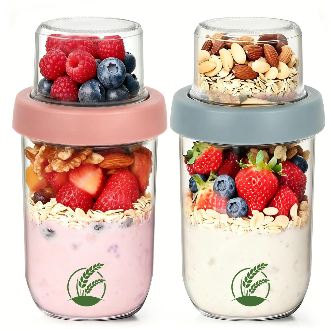 2er Overnight Oats Gläser, Müslibecher to go, 480 ml+120ml 480ML+120ML, 480ML+120ML