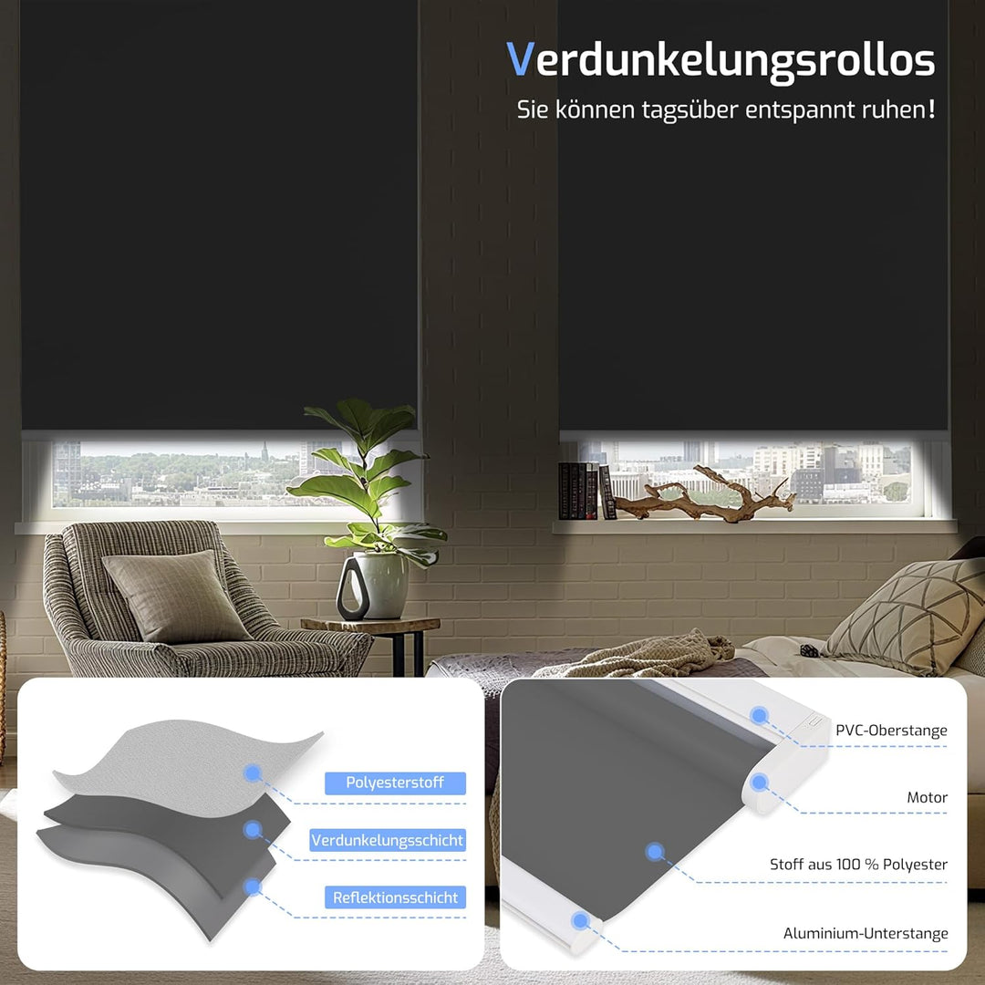 Grandekor Elektrische Rollos mit Lithiumbatterie,Elektrisches Verdunklungsrollo mit Motor &amp; Fernbedi