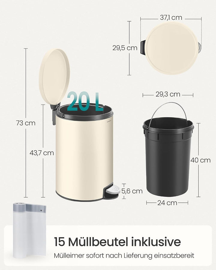 SONGMICS Mülleimer Küche, mit Deckel, Softclose, Beige, 20 L Beige 20 L, Beige 20 L