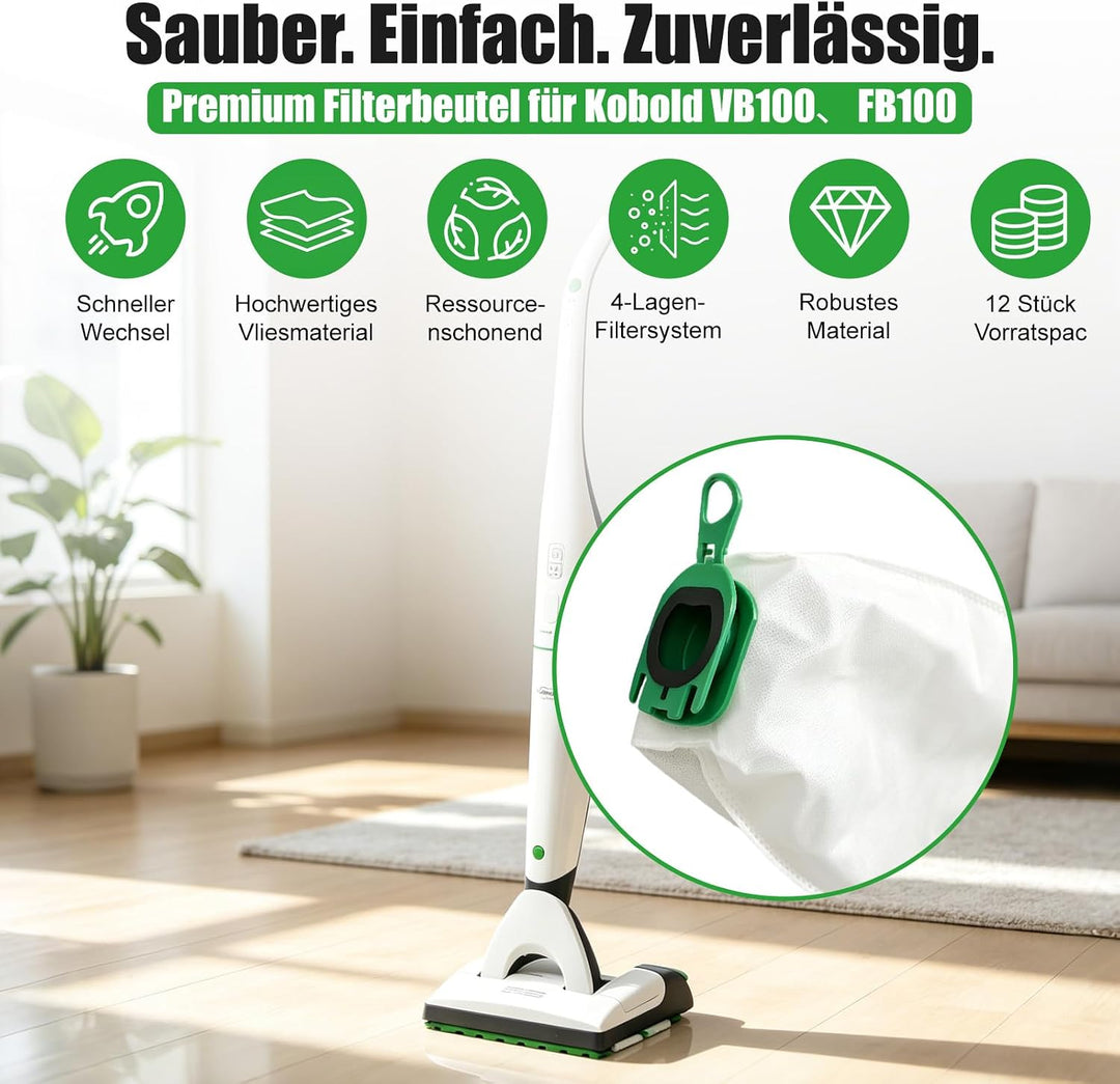 12 Stück Staubsaugerbeutel kompatibel mit Vorwerk Kobold VB100 FP100
