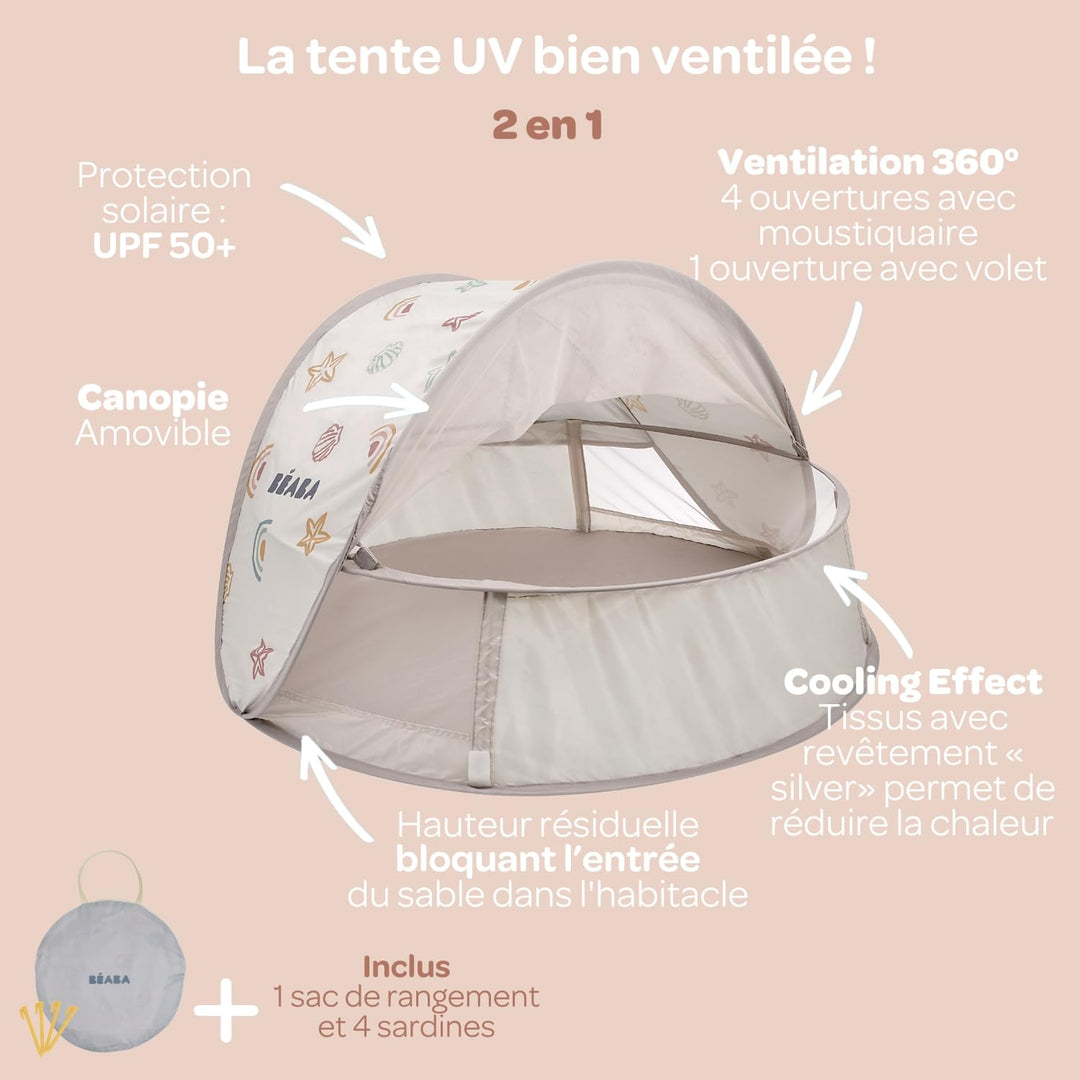 BÉABA, Strandmuschel, Anti-UV-Babyzelt 2 in 1, 0-24 Monate, maximaler UV-Schutz UPF50+, gefilterte U
