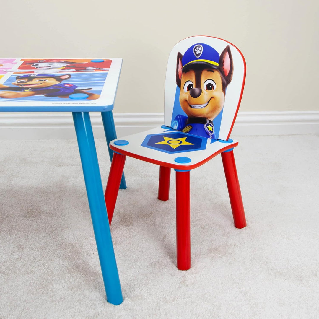 Offizielles Paw Patrol Kindertisch aus Holz und 2 Stühlen, Chase Rubble, Heimmöbel, Kindertisch für