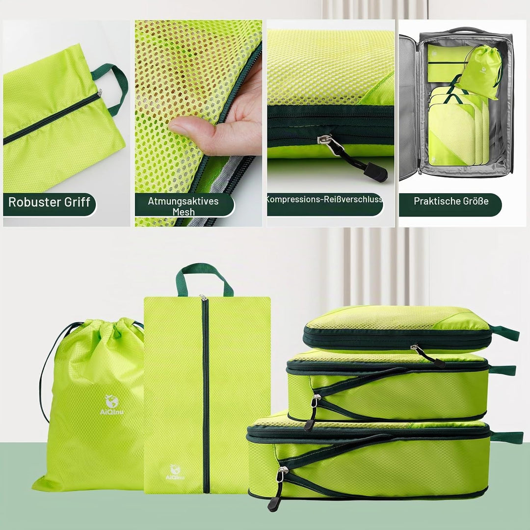 AiQInu Packing Cubes Compression, 5 Stück Packtaschen Kompression Koffer Organizer Set mit Wäschebeu