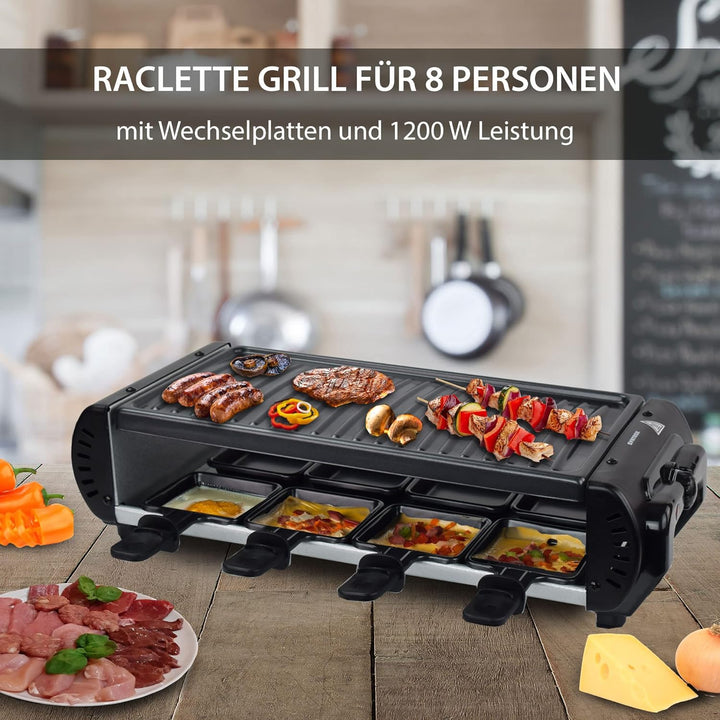 Syntrox Germany Raclette Liestal, 8 Personen, 8 Pfännchen, 4 Grillplatten/heisser Stein, antihaftbes