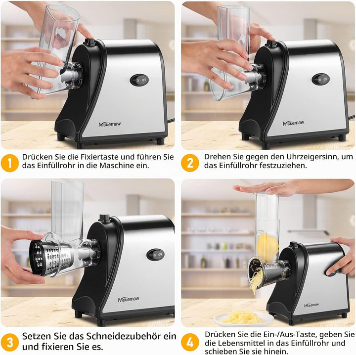 COOCHEER 5-in-1 Elektrischer Gemüseschneider 250W - Edelstahl Silber Schwarz, Silber Schwarz
