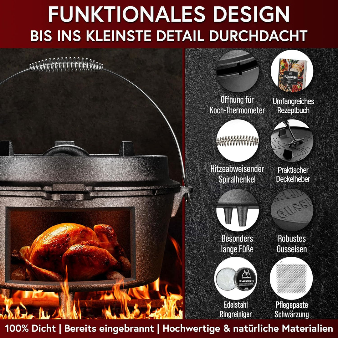 Dutch Oven Set [7L] - Eingebrannter Feuertopf mit praktischem Deckelheber und Füssen, 7 Liter