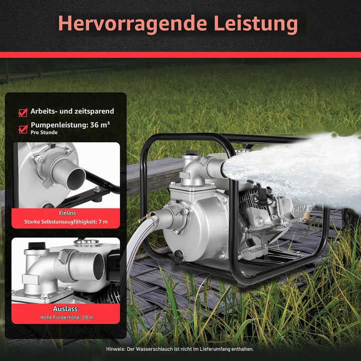 Benzin Wasserpumpe 4 Takt Motor 210CC 6,5PS Gartenpumpe mit 2 Zoll Anschluss, Schmutzwasserpumpe 28