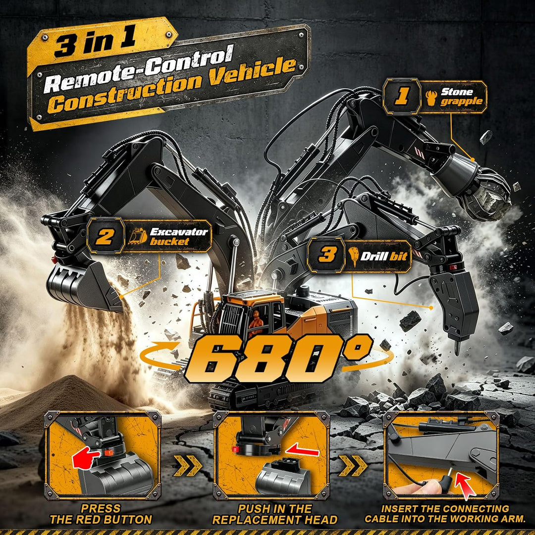 Charmofun 3-in-1 Ferngesteuerter Bagger mit DREI Metall-Aufsätzen Gelb, Gelb