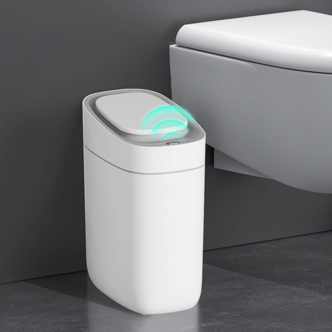 ELPHECO Automatischer Badezimmer-Mülleimer mit Deckel, Sensor, schlank, schmal, aus Kunststoff, wass