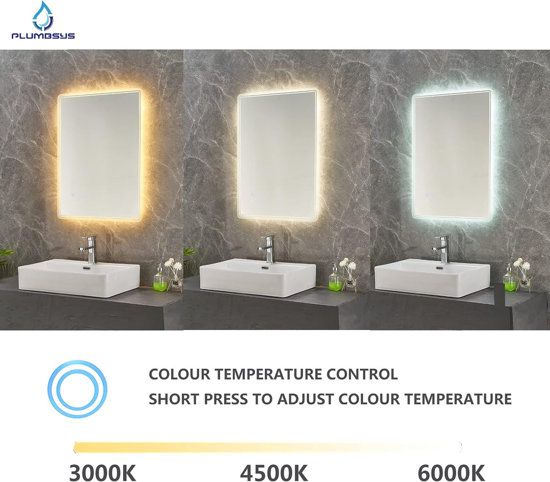Plumbsys LED Badspiegel Badezimmerspiegel 50x70cm mit 3-Farben des Lichts Beleuchtung Antibeschlag W