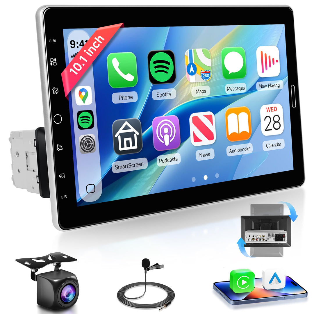 Rimoody Kabellos Carplay 1 Din Autoradio 10.1 Zoll Rotierender Touchscreen Autoradio mit Android Aut