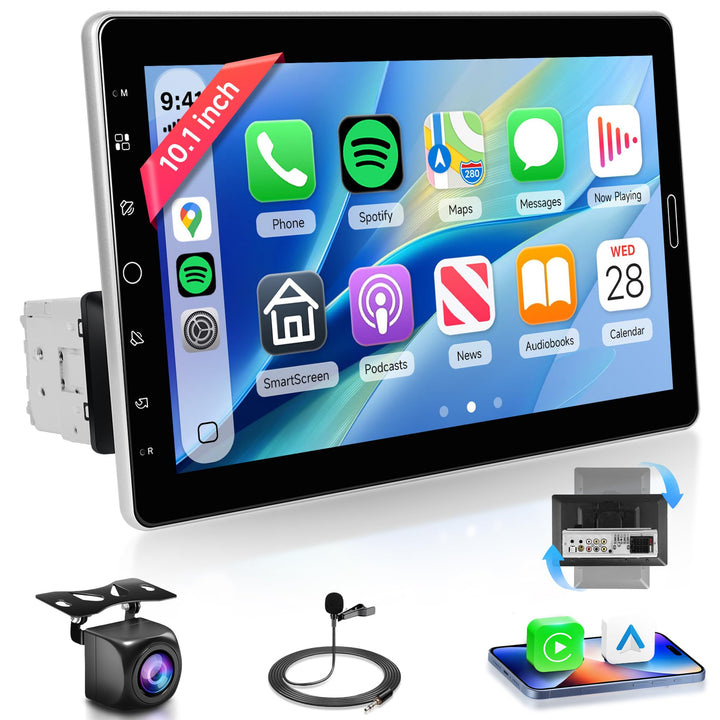 Rimoody Kabellos Carplay 1 Din Autoradio 10.1 Zoll Rotierender Touchscreen Autoradio mit Android Aut