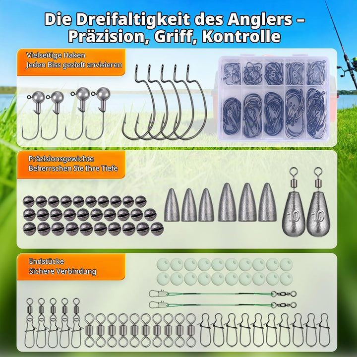 Angelset, 314 pcs Angelkoffer, 3-Regal Köderbox Angeln, Angel Starterset mit Lippenclips, Hakenentfe