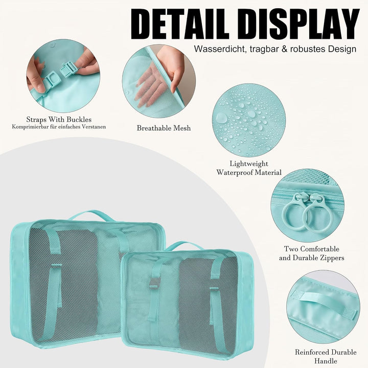 Packing Cubes 8er Set Koffer Organizer Packwürfel Set wasserdicht Türkisblau, Türkisblau