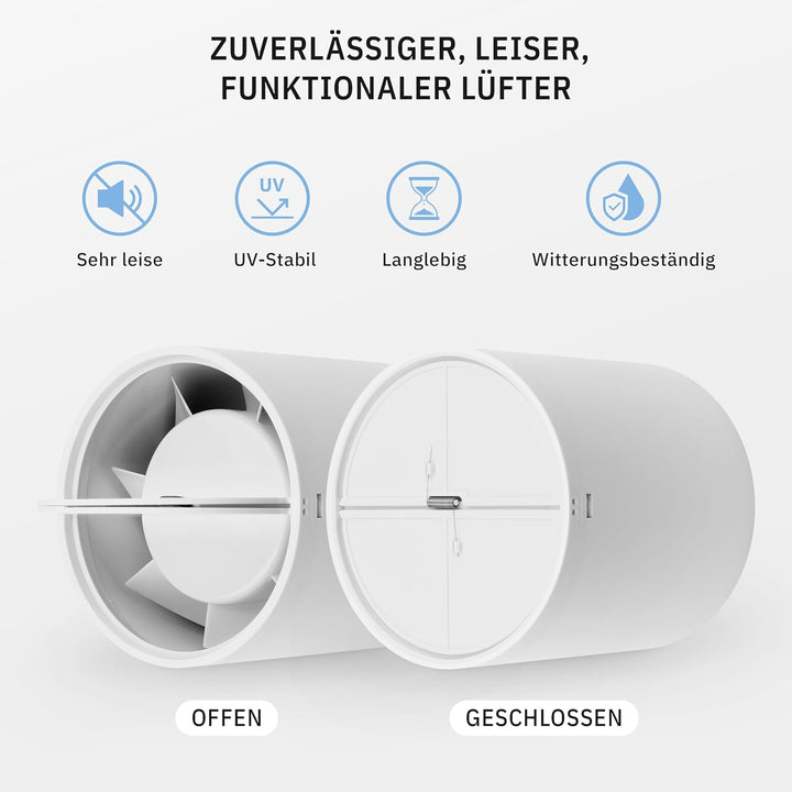INLINE Zuluft-Abluftventilator 100mm, Rohrventilator mit Rückstauklappe, Badlüfter, Grow Tent, Boost