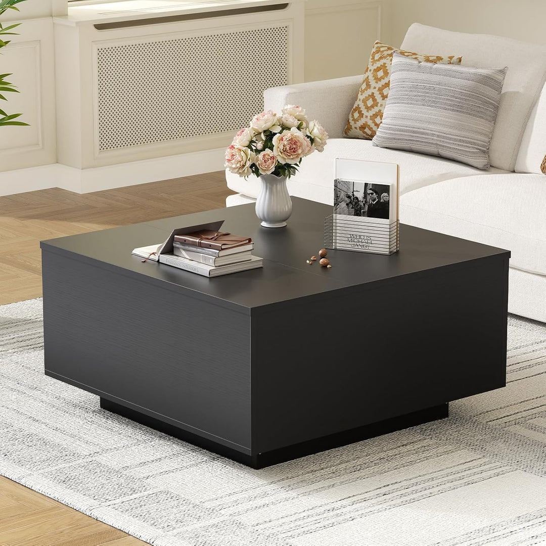 Quadratischer Couchtisch Schwarz mit Lift-Top, verstecktem Stauraum, Schwarz