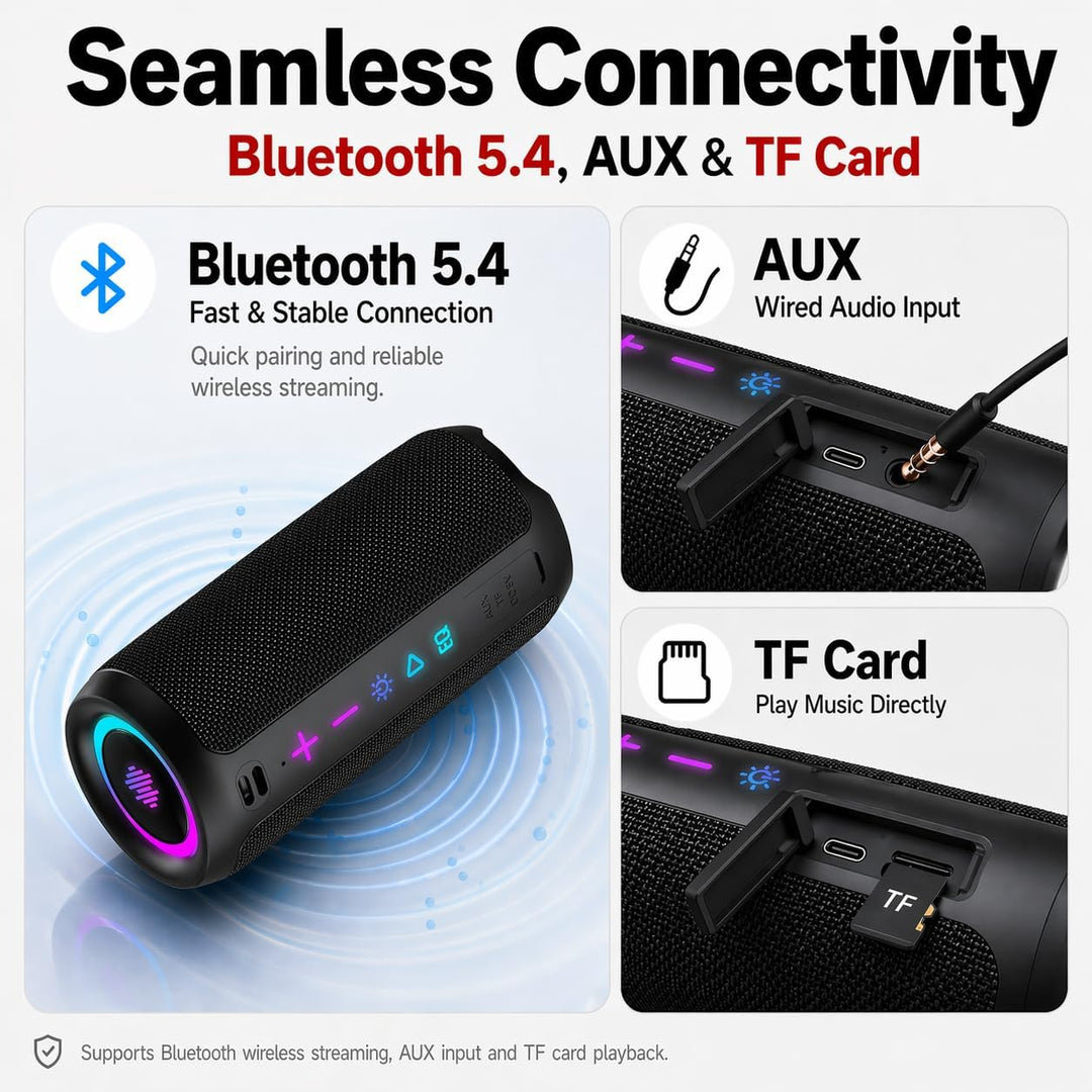TIMU Bluetooth Lautsprecher mit Licht, Bluetooth 5.4 Musikbox IPX7 wasserdicht, TWS Paarung, AUX, TF