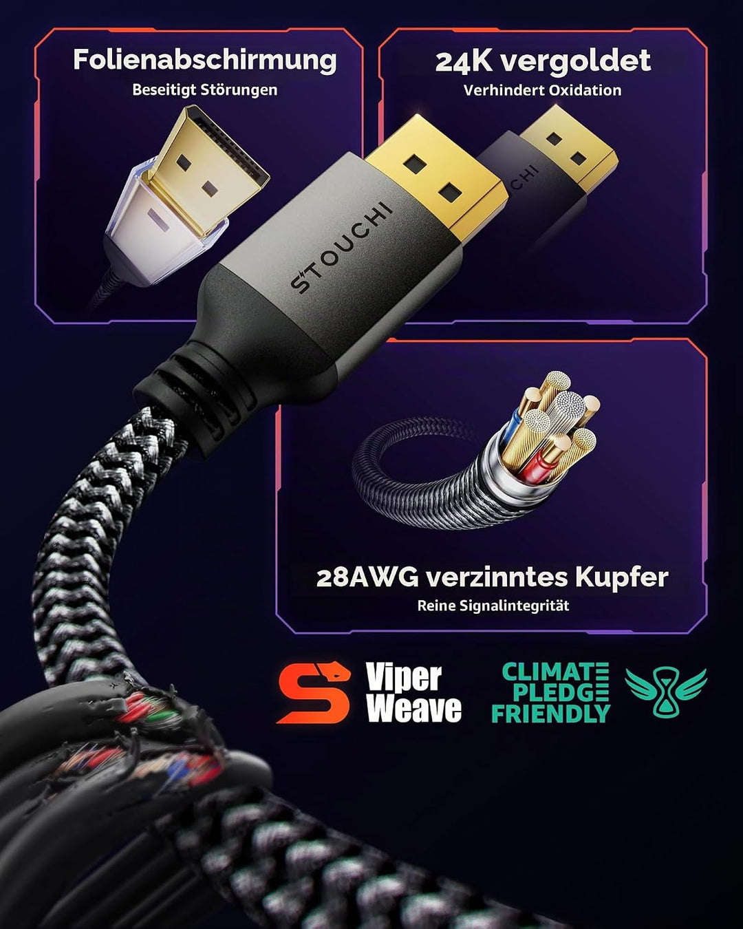 Stouchi DisplayPort Kabel 2.1 1M | VESA Zertifiziert | 80 Gbit/s [16K@60Hz | 8K@240Hz | 4K@540Hz] HD