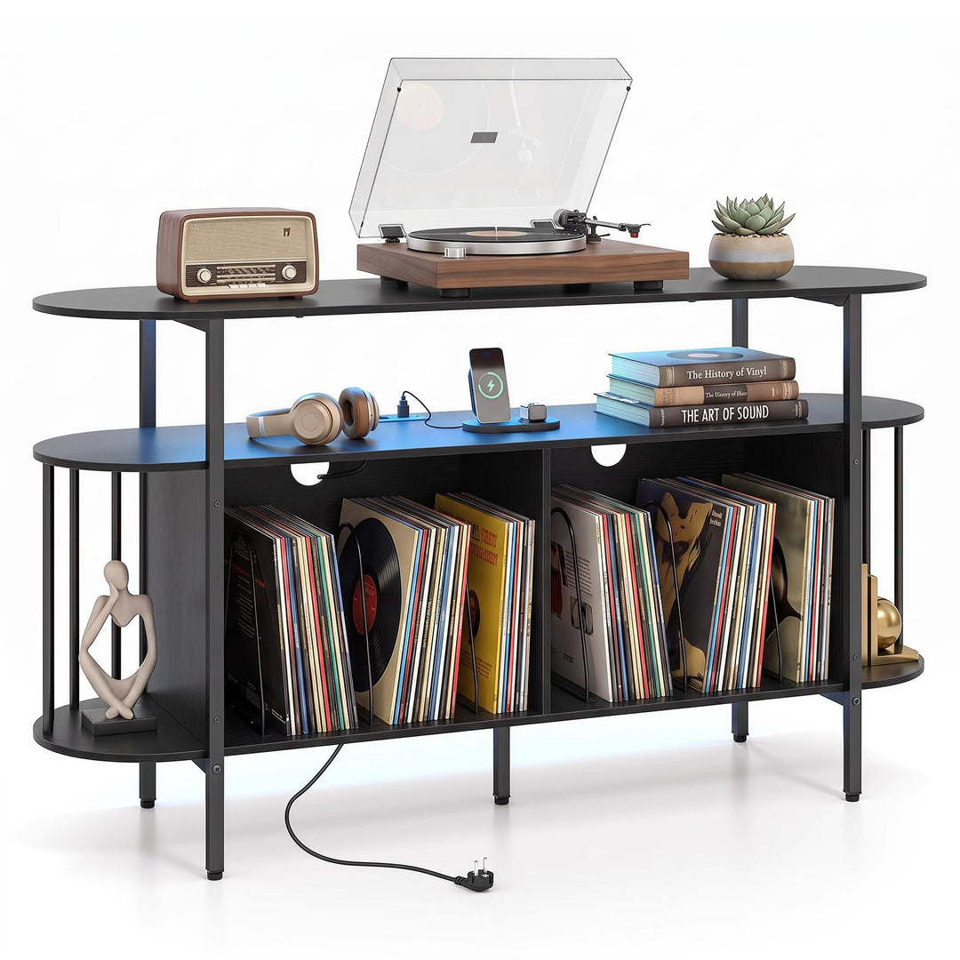 COSTWAY Plattenspieler Regal mit Steckdose &amp; LED Beleuchtung (Schwarz), Schwarz