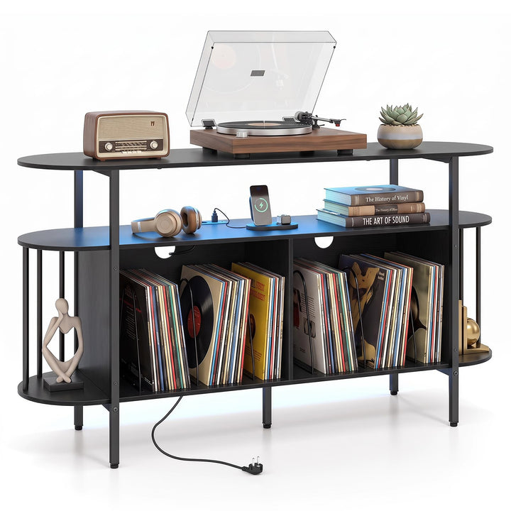 COSTWAY Plattenspieler Regal mit Steckdose &amp; LED Beleuchtung (Schwarz), Schwarz