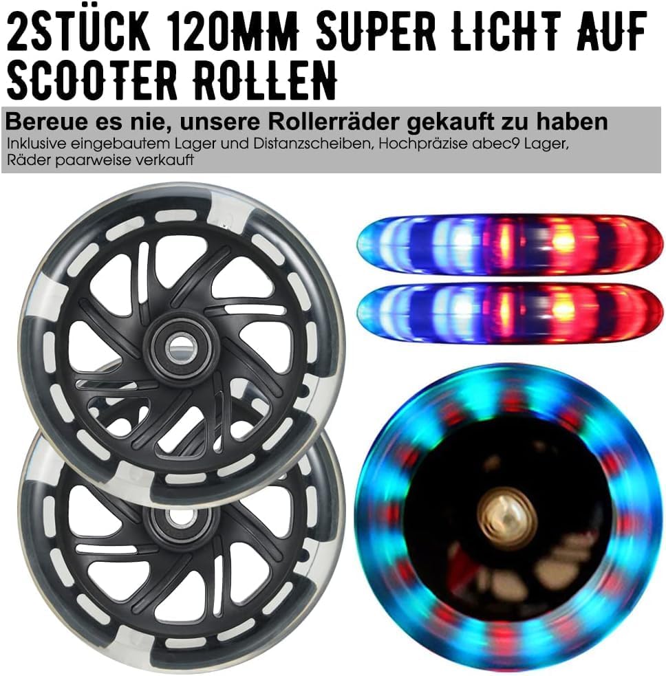 120mm Scooter Rollen - 2 Stück 120mm Led Scooter Ersatzräder Räder mit ABEC-9 Lager - 120mm hell bli