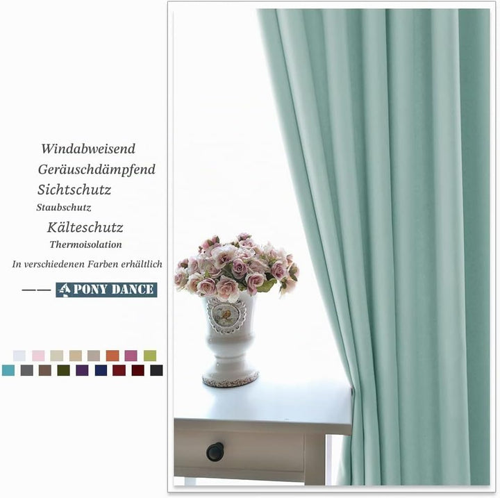 PONY DANCE Blickdichte Gardinen Wohnzimmer Modern Kurz 2er Set Gardinen Grün Blickdicht Ösenvorhang