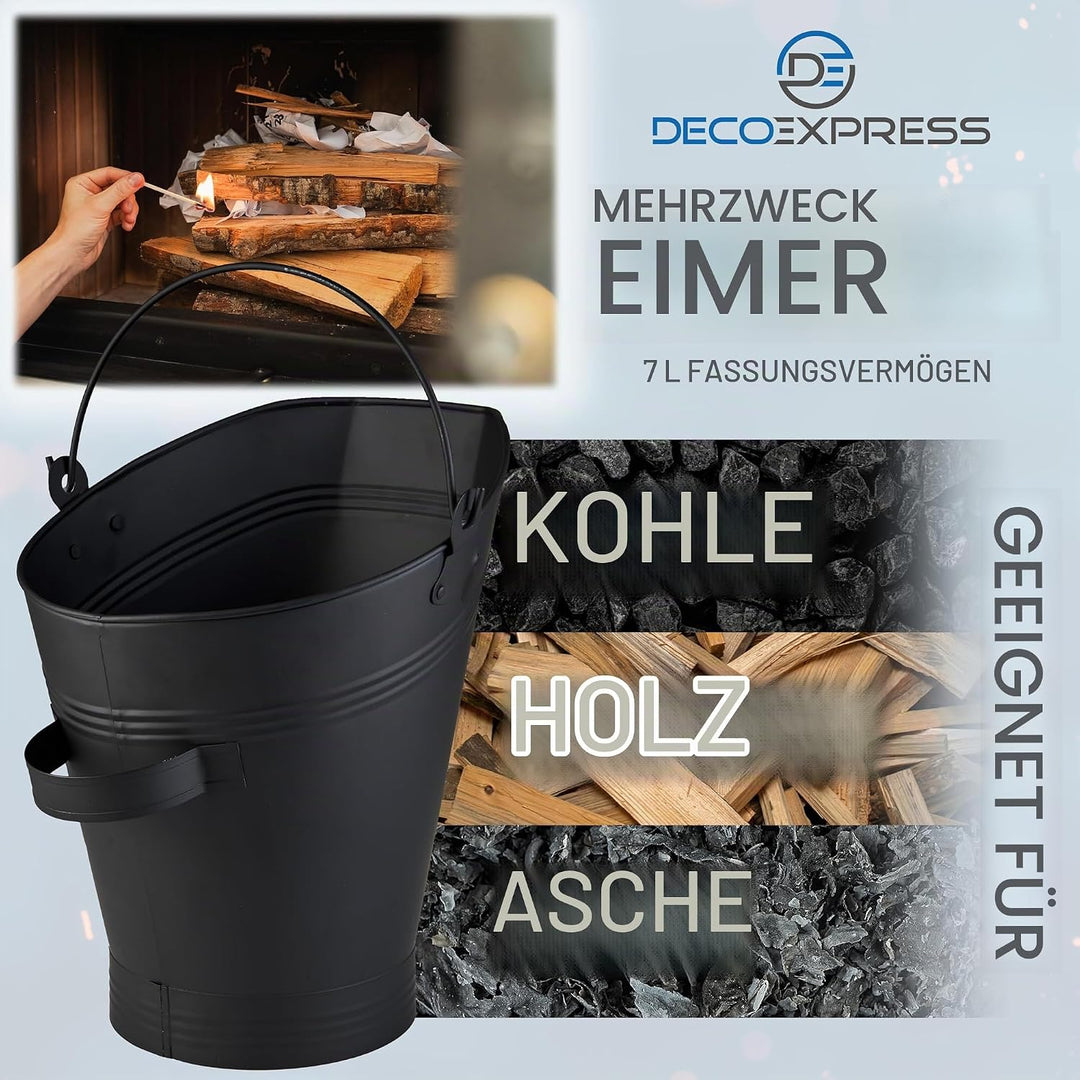 DecoExpress Aschekasten Kaminzubehör Set mit Ascheeimer 7 Liter, Asche Schaufel, Bürste &amp; Handschuhe