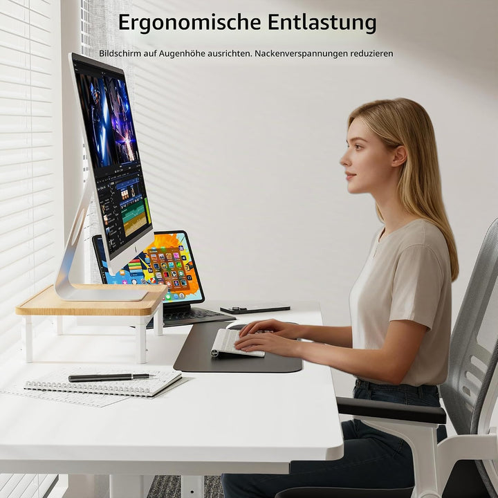 ETHU Monitorständer mit Schublade, 3-fach Höhenverstellbar, bis 25KG Eiche, Eiche