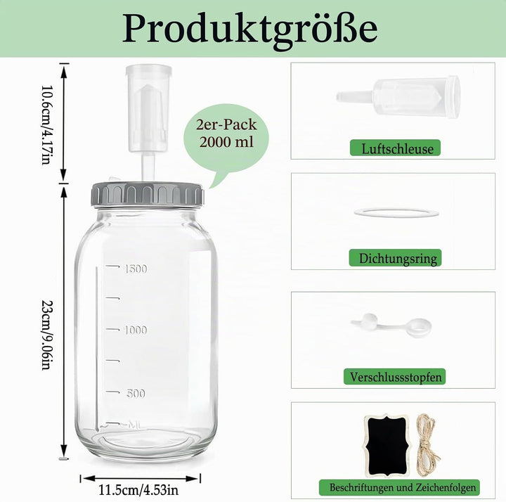 Fermentierglas 2 Stück 2L, Kimchi Behälter mit Luftschleuse und Schraubverschluss, Weithalsige Einma