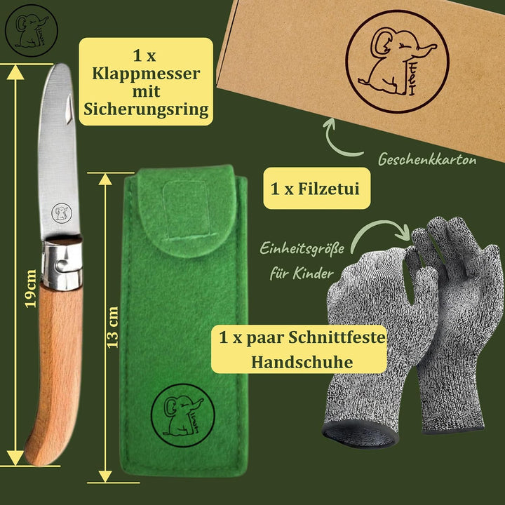 Eli® Schnitzmesser für Kinder mit Filztasche ab 6 Jahre inkl. Handschuhe grün, grün
