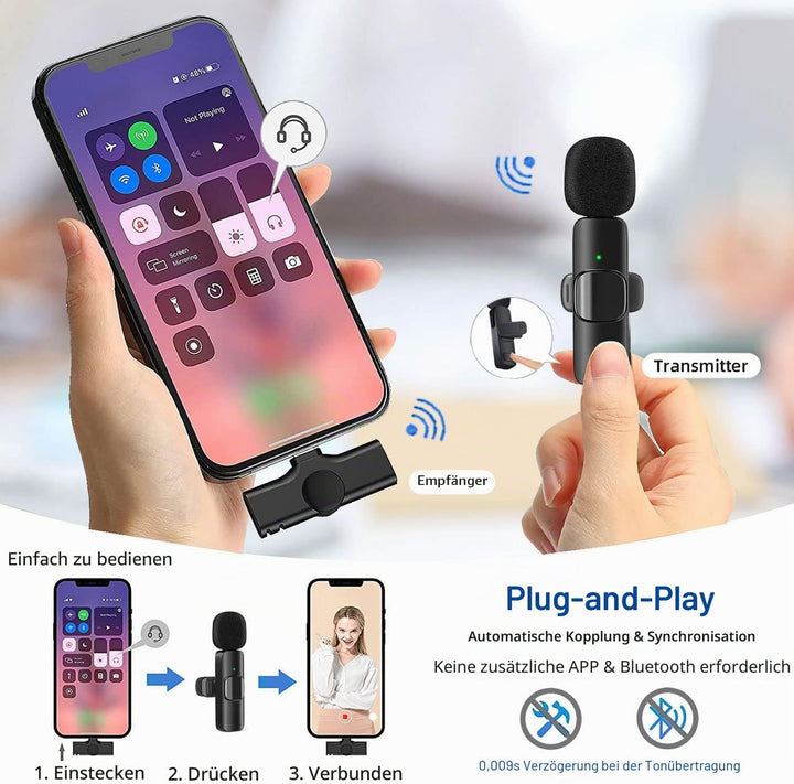 Handy Mikrofon für iPhone/iPad/Android/Laptop, Plug-Play Lavalier Mikrofon Wireless Microphone Anste