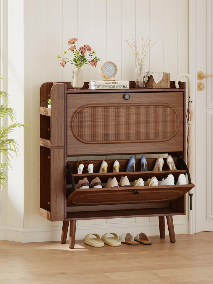 Schuhschrank Schmal mit 2 Klappen, Walnuss Nussbaum, Nussbaum